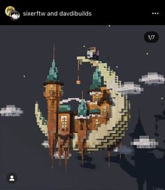 an image of a castle made out of legos in the night sky with stars and clouds