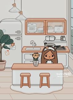 a cartoon kitchen with a potted plant on the counter