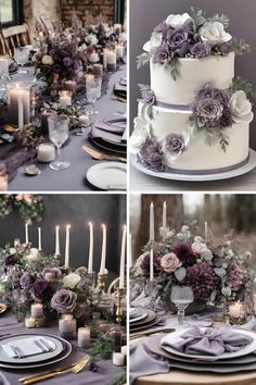 wedding cake with purple flowers and candles