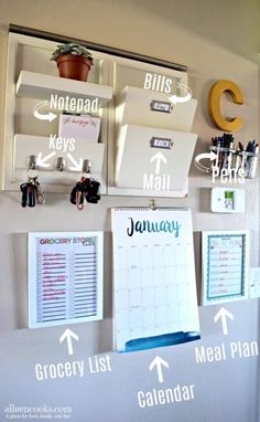 an organized calendar hangs on the wall