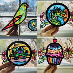 four different pictures of stained glass birds in the shape of cupcakes and cakes