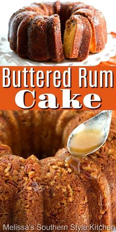 a bundt cake on a plate with a spoon in it and the title, buttered rum cake