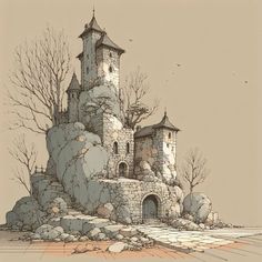 a drawing of a castle on top of a rock