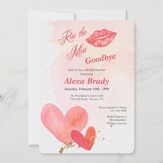 a pink and red valentine's day party card with lipstick on the lips,