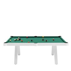 a pool table with balls on it and one ball resting on the edge, in front of a white background