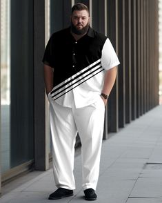 Want to make a statement in spring and summer? Step out in confidence with our mens black and white walking set. It features a color block splicing style and striking white stripes that create a contrast effect. This simple yet impactful design showcases your personality, making it suitable for casual or formal settings. Type: Short-Sleeved Shirt Pants Set Design: White, Black, Stripe, Color Block Style: Simple Fit: Loose Neckline: Lapel Sleeve Length: Short Sleeve Occasion: Casual Brunches, Bus Fitted White Shirt For Streetwear, Black Cotton Shirt With Print, Black Printed Cotton Shirt, White Cotton Shirt With Printing, White Printed Cotton Shirt, Shirt Pant Set, Simple Fits, Design Artwork, Block Style