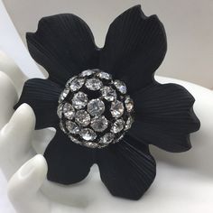 Alexis Bittar Handcrafted Black Lucite Flower With Rhinestone Domed Pin Brooch Black Handcrafted Lucite Flower Rhinestone Doomed 2.5" X 2.5" Size Elegant Embellished Flower Jewelry, Elegant Flower Embellished Jewelry, Alexis Bittar Jewelry, Alexis Bittar, Flower Pins, Pin Brooch, Handcrafted Jewelry, Brooch Pin, Black Silver