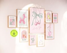 there are many framed pictures on the wall with pink and green accents in this room