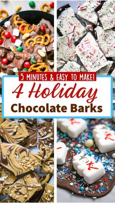 four holiday chocolate barks collage with text overlay