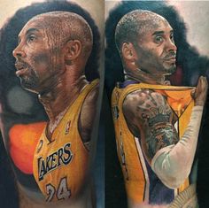 two pictures of the same basketball player with tattoos on their arms and legs, one is holding