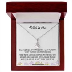 Looking for a gift for the mother of the groom? This necklace with the message card makes a perfect gift for the groom's mother. This is a great gift for mom-in-law to say thank you for raising the man of your dreams and welcoming you to her family. A thoughtful gift for your mother-in-law or groom's mother. This unique gift will be treasured for years to come! It is a beautiful keepsake and a lovely way to say "thank you" on mothers day or give it as a Gift to your MIL during Christmas. Imagine