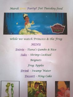 the menu for disney's princess and the frog