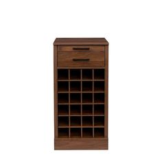 a wooden wine rack with two drawers on top and one drawer open to the side