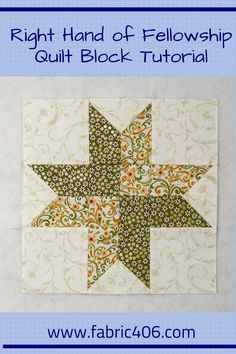 the right hand of fellowship quilt block is shown in green and white with an orange star on