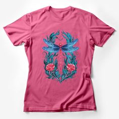 Blue Dragonfly and Roses Graphic Tee, Nature Inspired Artistic T-Shirt, Botanical Casual Wear Unisex, Floral Fauna Illustration Top Female T-Shirt Custom graphic T-Shirt.Customize your color Bohemian Pink Graphic Print T-shirt, Bohemian Pink Tops With Graphic Print, Pink Bohemian Graphic T-shirt, Bohemian Pink T-shirt With Graphic Print, Pink Short Sleeve T-shirt With Butterfly Print, Artistic Summer Tops With Front Print, Fauna Illustration, Mountain Graphic Tee, Roses Graphic