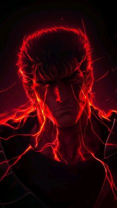 an anime character with red hair and lightning streaks on his face, in the dark