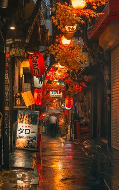 an alley way with lanterns hanging from the ceiling