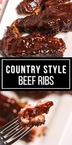 there is a fork with ribs on it and the words country style beef ribs above it