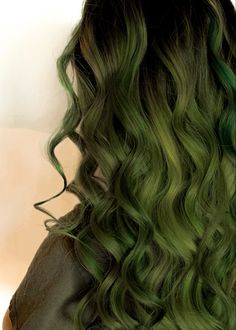 Green Hair With Black Roots, Swamp Green Hair, Olive Green Hair Color, Green Hair Guy, Green Wavy Hair, Brown And Green Hair, Curly Green Hair, Olive Hair Colour, Moss Green Hair