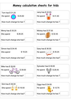 money calculations worksheet for kids to help students learn how to make money and use it