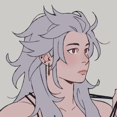 an anime character with long gray hair and piercings