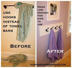 the before and after pictures show how to use hooks on towel bars in bathroom designs