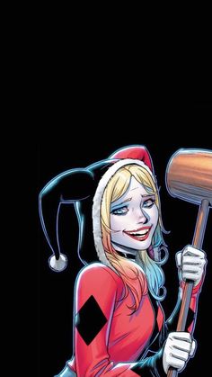 a drawing of a woman with a hammer in her hand and wearing a santa hat