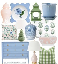 a collage of blue and white items with text overlay that reads, how to decorate your home in the style of grandmotherial finds