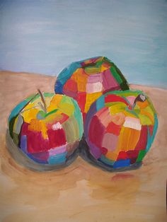 an oil painting of three apples on a beach