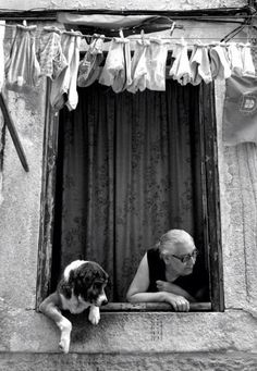 black and white photograph of an old man looking out the window with his dog in front