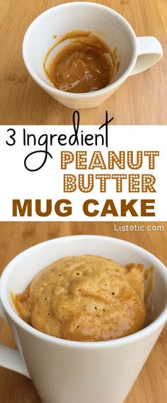 three ingredient peanut butter mug cake in a white cup on top of a wooden table