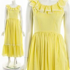 "- 60s baby yellow polka dotted dress - tailor made - full pleated skirt - lace trim - zipper back closure - ruffled lace neckline Fits like:  S Material:  Cotton Condition:  Excellent Clipped on Mannequin:  No ✂ SIZE + FIT ✂ Length: 51\" / 130 cm Shoulders, seam to seam: 14\" / 36 cm Sleeve Length: 4\" / 10 cm Bust: 36\" / 91 cm Waist: 26\" / 66 cm Hips: 60\" / 152 cm All measurements are taken with garment lying flat. ALWAYS refer to measurements as vintage sizes run can vary greatly from today's modern sizes. We recommend comparing measurements above with a similar style garment you own for best fit before purchasing.  DRESS FORM / MANNEQUIN is wearing the size detailed above but she typically measures a size 4/6 by modern retail sizes or a general size small. Belt Accessories and other Retro Swiss Dot Dress For Spring, Retro A-line Vintage Dress With Ruffles, Yellow Retro Dress With Ruffles, Retro Sleeveless Vintage Dress With Ruffles, Retro Vintage Sleeveless Dress With Ruffles, Retro Vintage Dress With Ruffles For Daywear, Yellow Ruffle Dress, Polka Dotted Dress, Yellow Polka Dot Dress