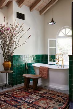 a bath room with a rug and a tub