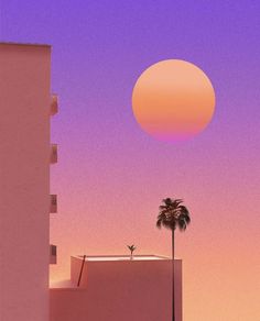 the sun is setting over an apartment building and palm tree in front of purple sky