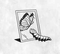 a black and white drawing of a butterfly looking at itself in a mirror with its wings extended