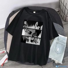 Orcajump - Loose-Fit Short-Sleeve Attack on Titan Anime T-Shirt Casual Anime Print Crew Neck Top, Black Short Sleeve T-shirt With Character Print, Black Anime Print Tops For Streetwear, Casual Black Anime Print T-shirt, Black Graphic Tee With Anime Print, Casual Black T-shirt With Anime Print, Black Crew Neck T-shirt With Cartoon Print, Black Cotton T-shirt With Cartoon Print, Black Crew Neck Top With Anime Print