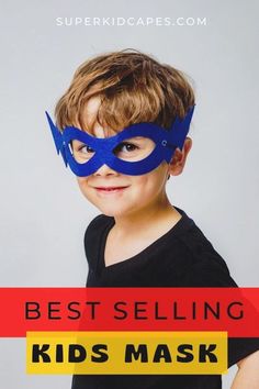 a young boy wearing a blue mask with the words best selling kids masks on it