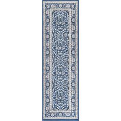 a blue and white runner rug on a white background