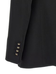 Single-breasted blazer in stretch wool with front logo button closure, pockets, padded shoulders, long sleeves, back split. Composition: 97% virgin wool 3% elastane Single Breasted Blazer, Versace Shop, Feminine Chic, Breasted Blazer, Personalized Accessories, Yoga Wear, Italian Style, Black Blazers, Bridal Shoes