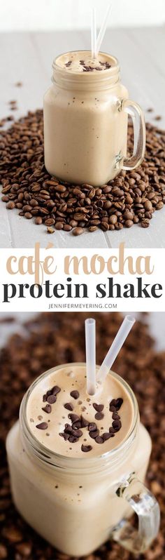 coffee mocha protein shake in a mason jar on top of coffee beans with text overlay