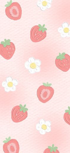 a pink wallpaper with strawberries and daisies on the left side of it