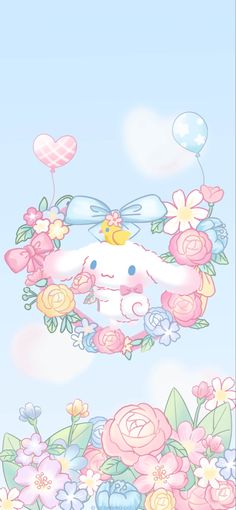 a cartoon bunny with flowers and balloons in the sky