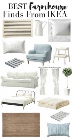 the best farmhouse finds from ikea in white, blue and grey colors with text overlay