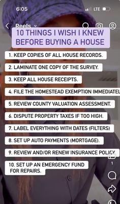 a woman with long hair wearing a purple hat and texting on her face that says 10 things i wish i knew before buying a house