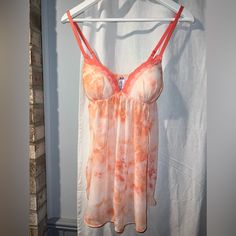 Nwt Womens Lingerie Babydoll Brand New Never Work Still Has Tags Attached! Orange / Pink Tie Dye! Size : Small Pink Cami Sleepwear With Built-in Bra, Summer Coquette Sleepwear With Built-in Bra, Pink Sheer Camisole Sleepwear, Pink Summer Bedtime Camisole, Pink Camisole With Built-in Bra For Bedtime, Pink Cami Sleepwear For Sleepover, Pink Bra-friendly Summer Sleepwear, Summer Bra-friendly Pink Sleepwear, Pink Underwire Camisole With Built-in Bra