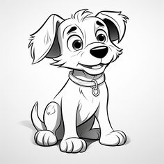 a black and white drawing of a puppy sitting down with his eyes wide open, looking at the camera