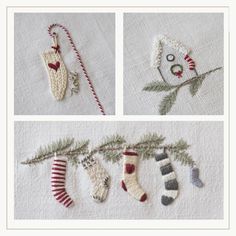 three pictures of christmas stockings hanging on a tree branch and two photos of the same item