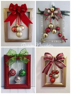 four different christmas ornaments in frames with bows and ribbons hanging on the wall, decorated with ribbon