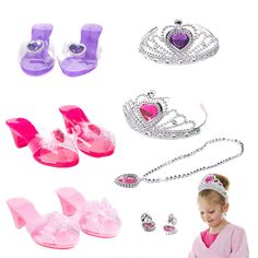 Princess Dress Up Set - Shoes For Little Girls By Dress Up America Durable Material: The princess dress up shoes are best for ages 3-6 years, this sturdy heel is made of high-quality ABS and soft gravel, which is very durable. Brilliant Jewelry Boutique Accessory: These princess shoes for toddler girls is made of sparkling rhinestones, this time giving a bling look. Your precious girl will love it. Improve Kid's Abilities: Our girls dress up shoes are not only fashionable, but also help to stimulate children's imagination, interpersonal skills, let them grow in play. Complete Configuration: The princess dress up shoes set includes 3 pairs of stylish princess heel slippers in different colors, 2 pairs of princess tiara crowns, 1 pair of earrings, and 1 necklace, let your child choose their Princess Heels, Dress Up Shoes, Princess Dress Up, Princess Tiara, Girls Dress Up, Interpersonal Skills, Princess Shoes, Jewelry Boutique, Heel Slippers