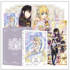 four anime covers with the same characters on them, one in purple and one in white